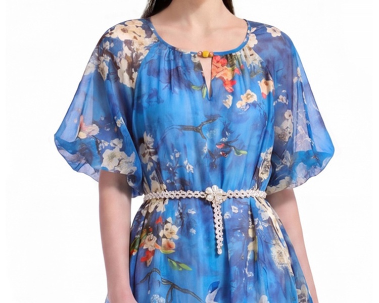 France style printing pinched waist chiffon dress