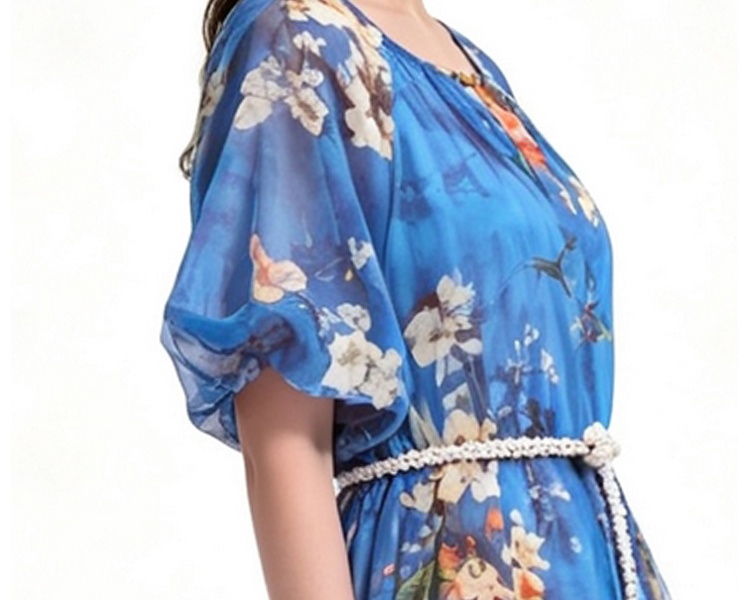 France style printing pinched waist chiffon dress