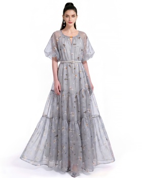 Chiffon France style printing pinched waist dress