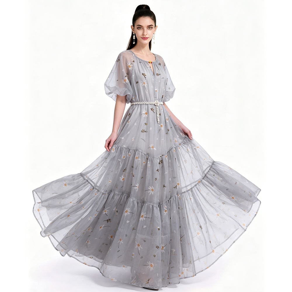 Chiffon France style printing pinched waist dress