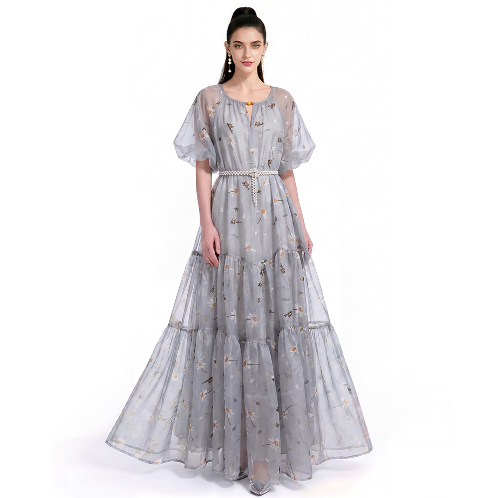Chiffon France style printing pinched waist dress