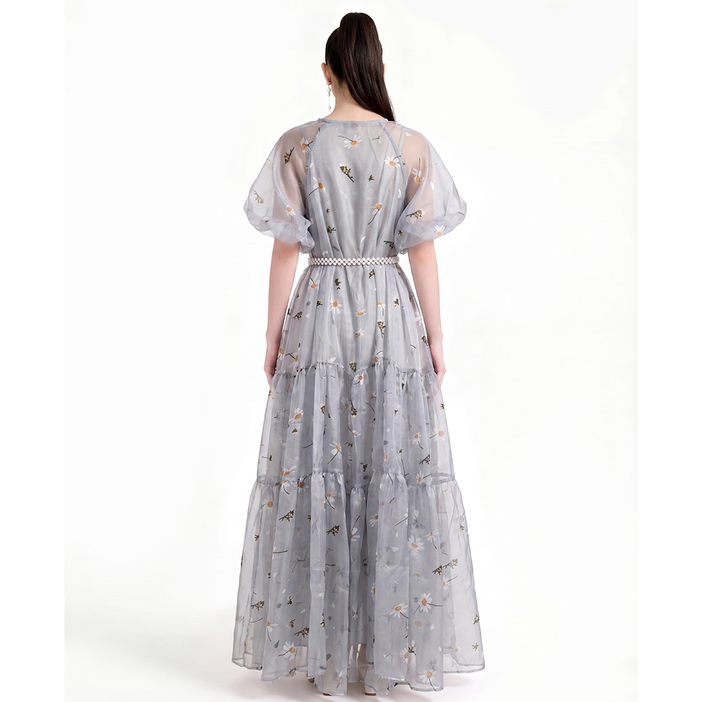 Chiffon France style printing pinched waist dress
