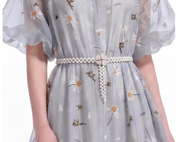 Chiffon France style printing pinched waist dress