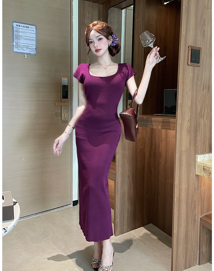 Purple knitted long dress slim dress for women