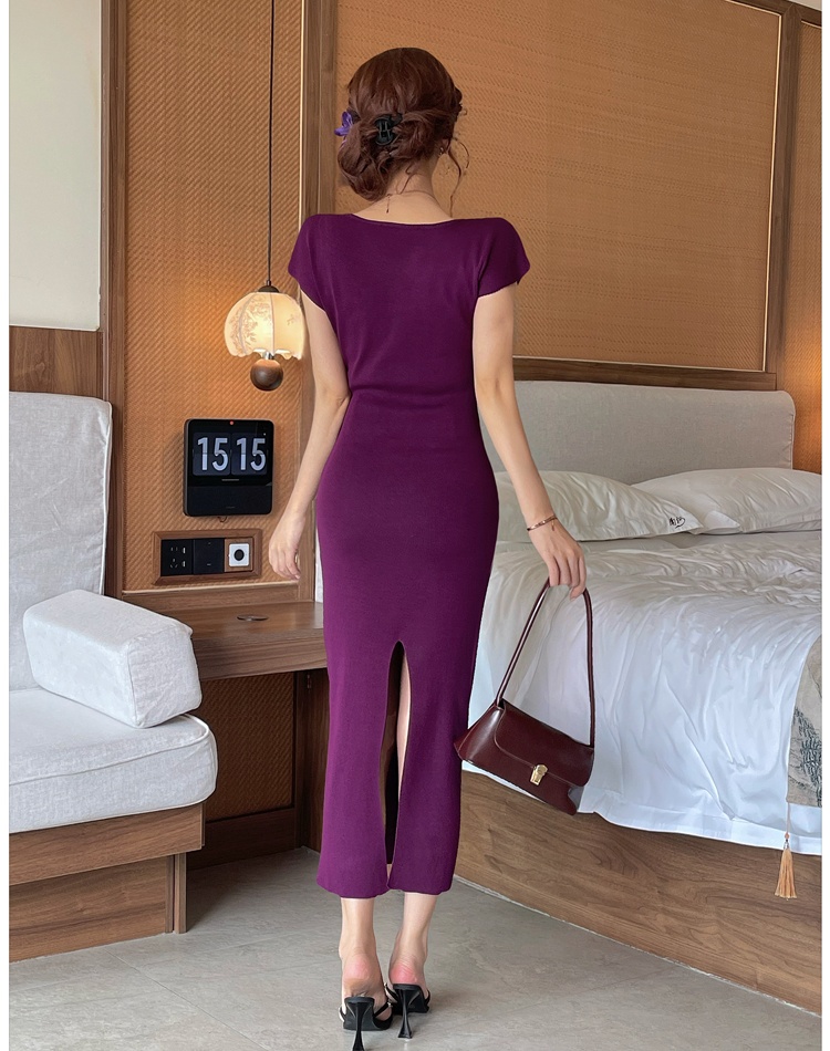 Purple knitted long dress slim dress for women