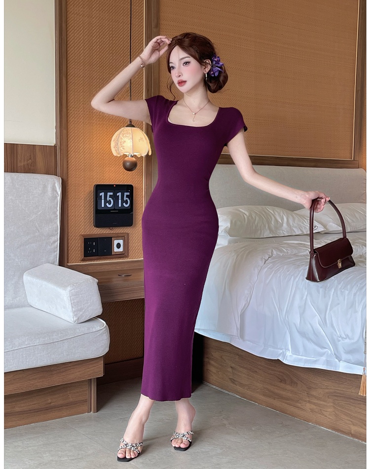 Purple knitted long dress slim dress for women