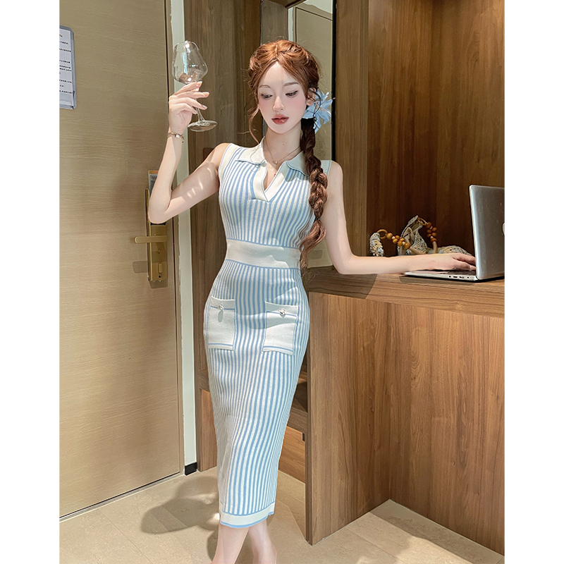 Lapel sleeveless simple summer slim dress for women