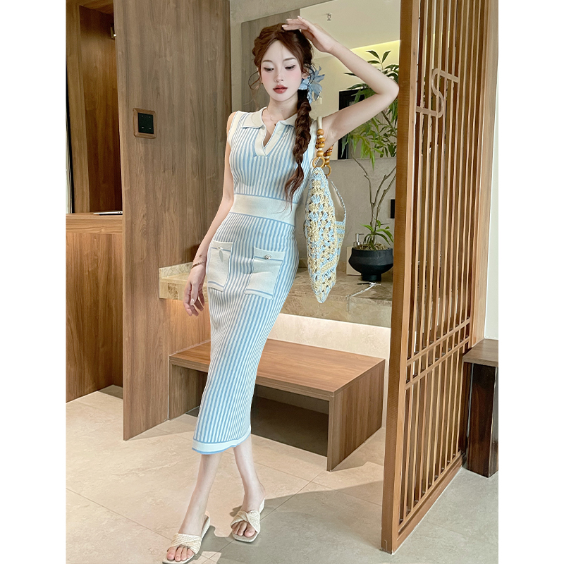 Lapel sleeveless simple summer slim dress for women