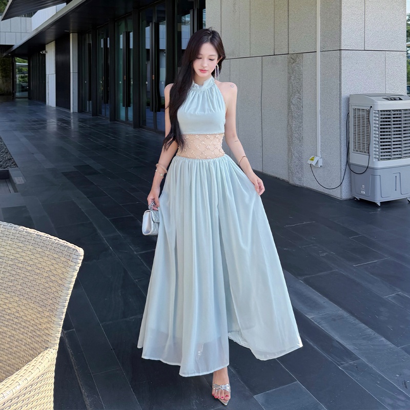 Summer beading long dress halter formal dress for women