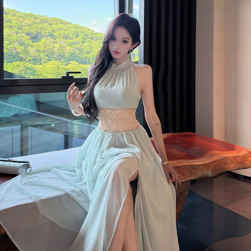Summer beading long dress halter formal dress for women