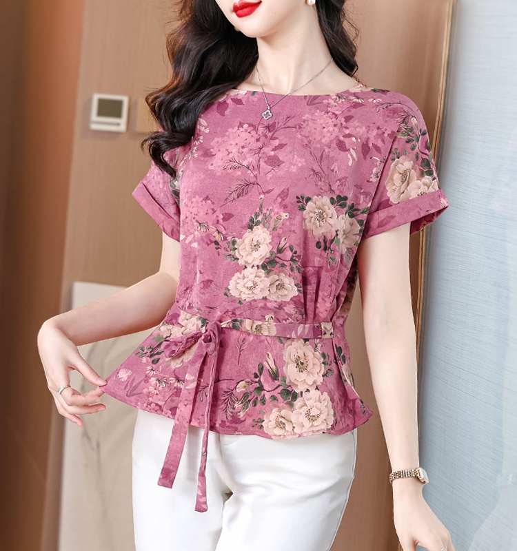 Short sleeve silk loose summer real silk tops for women