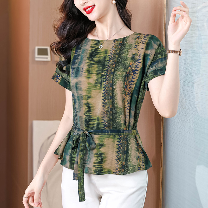 Short sleeve silk loose summer real silk tops for women