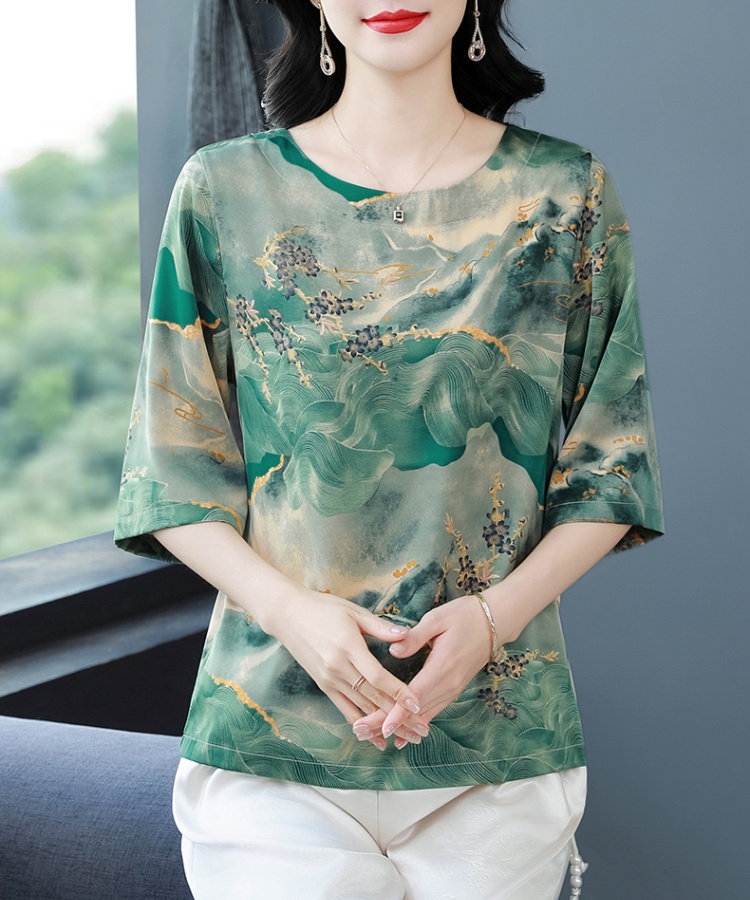 Real silk silk tops middle-aged T-shirt for women