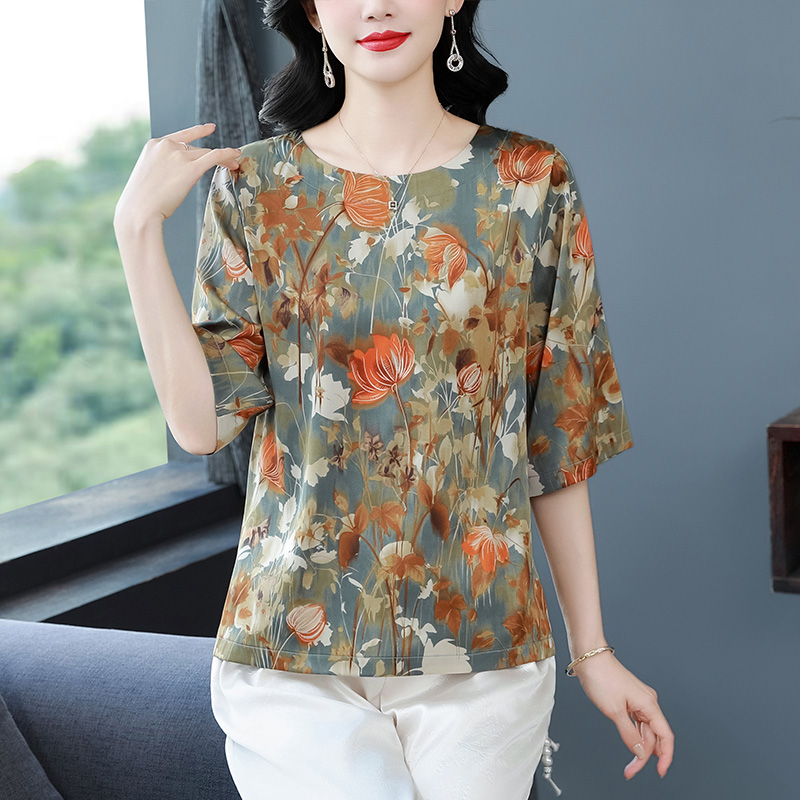 Real silk silk tops middle-aged T-shirt for women