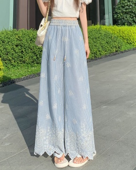 Stripe straight pants Casual embroidery wide leg pants for women