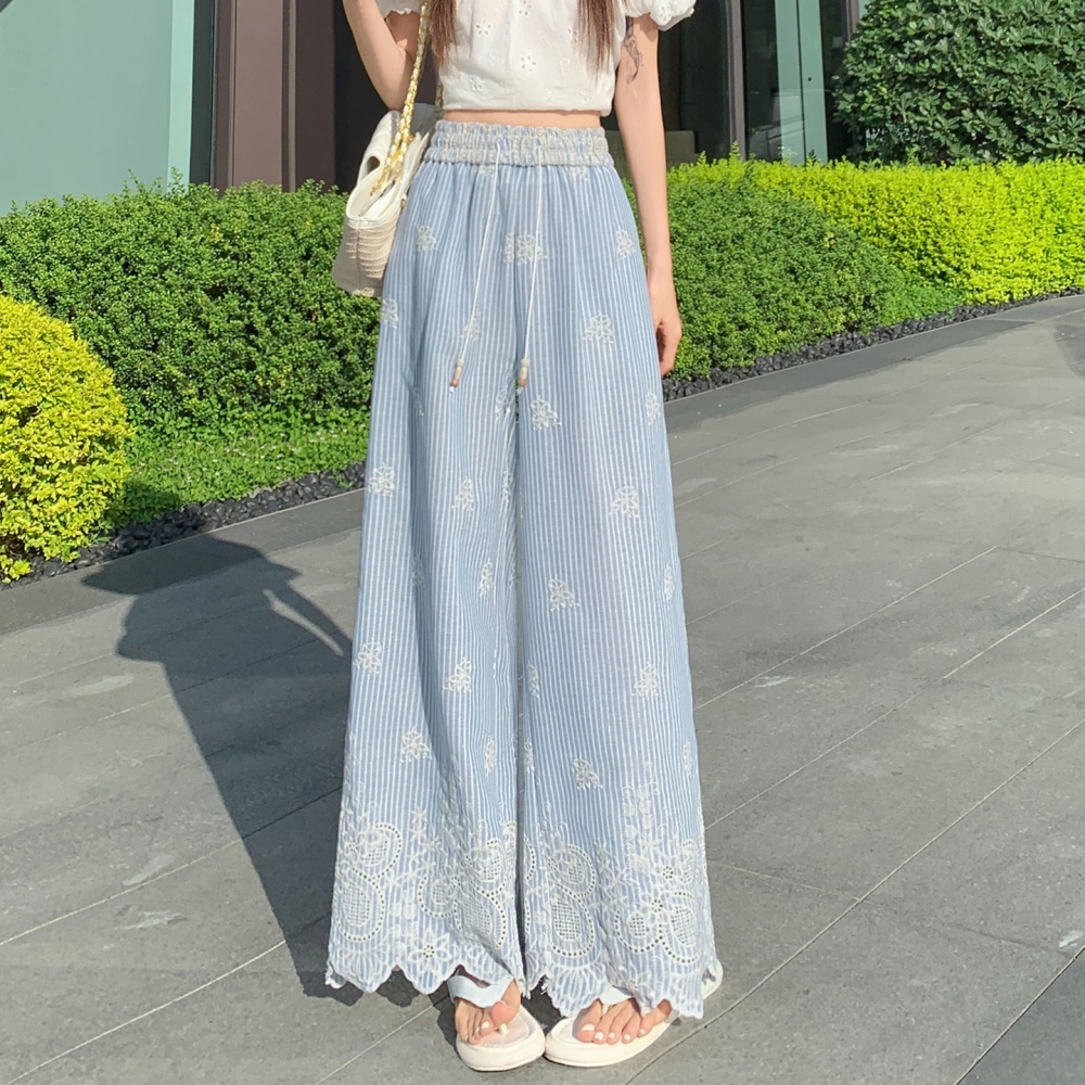 Stripe straight pants Casual embroidery wide leg pants for women