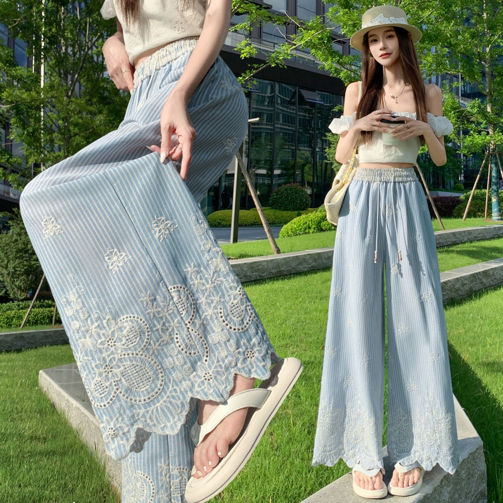 Stripe straight pants Casual embroidery wide leg pants for women