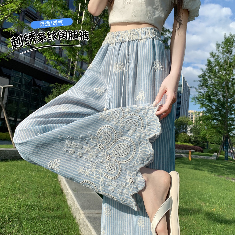 Stripe straight pants Casual embroidery wide leg pants for women
