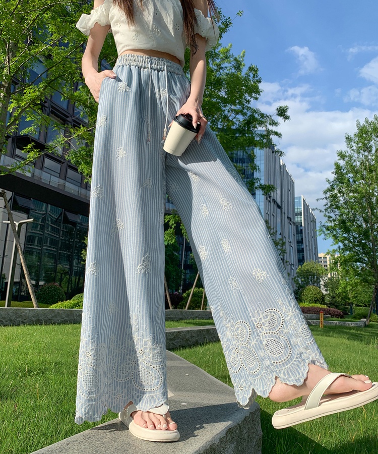 Stripe straight pants Casual embroidery wide leg pants for women