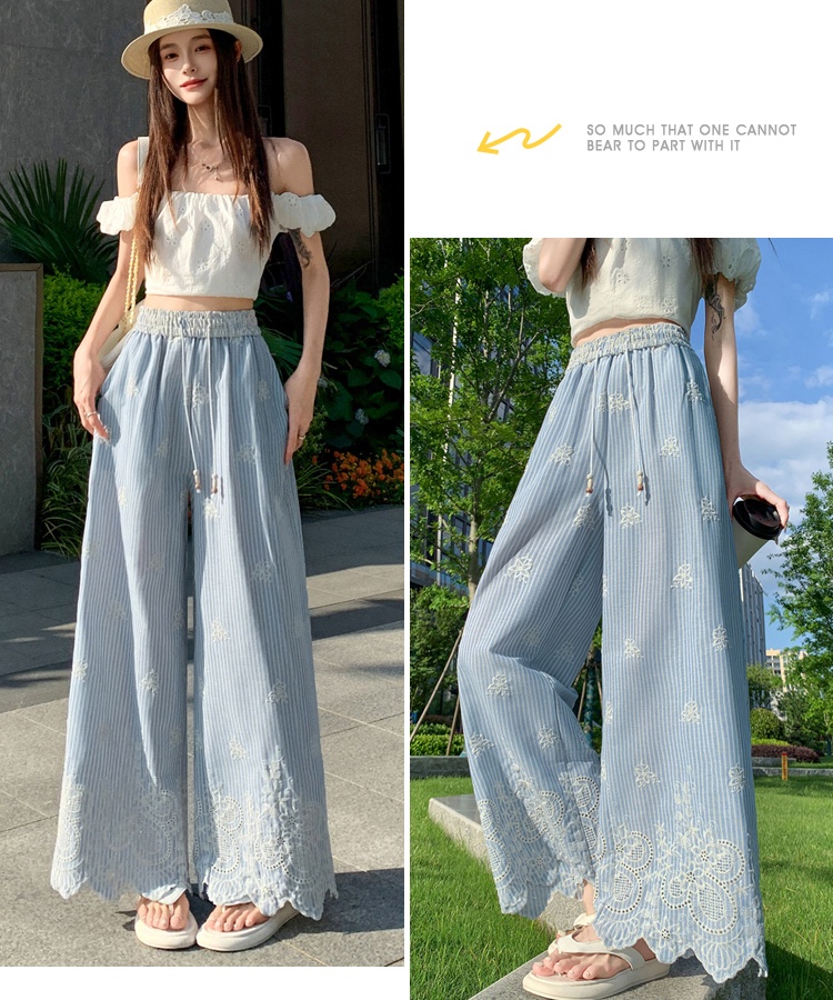 Stripe straight pants Casual embroidery wide leg pants for women