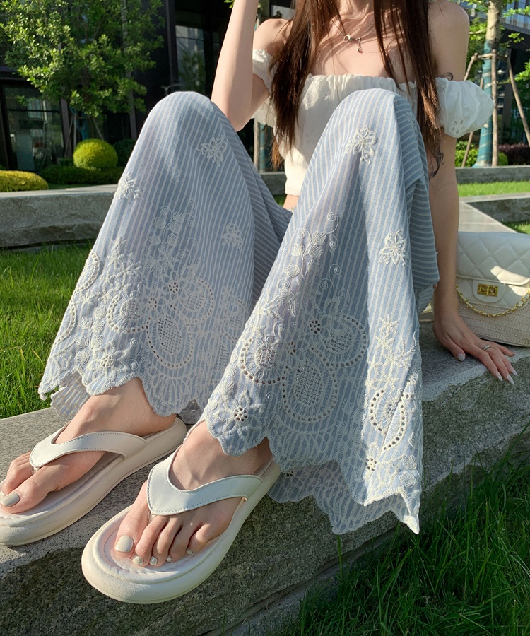 Stripe straight pants Casual embroidery wide leg pants for women