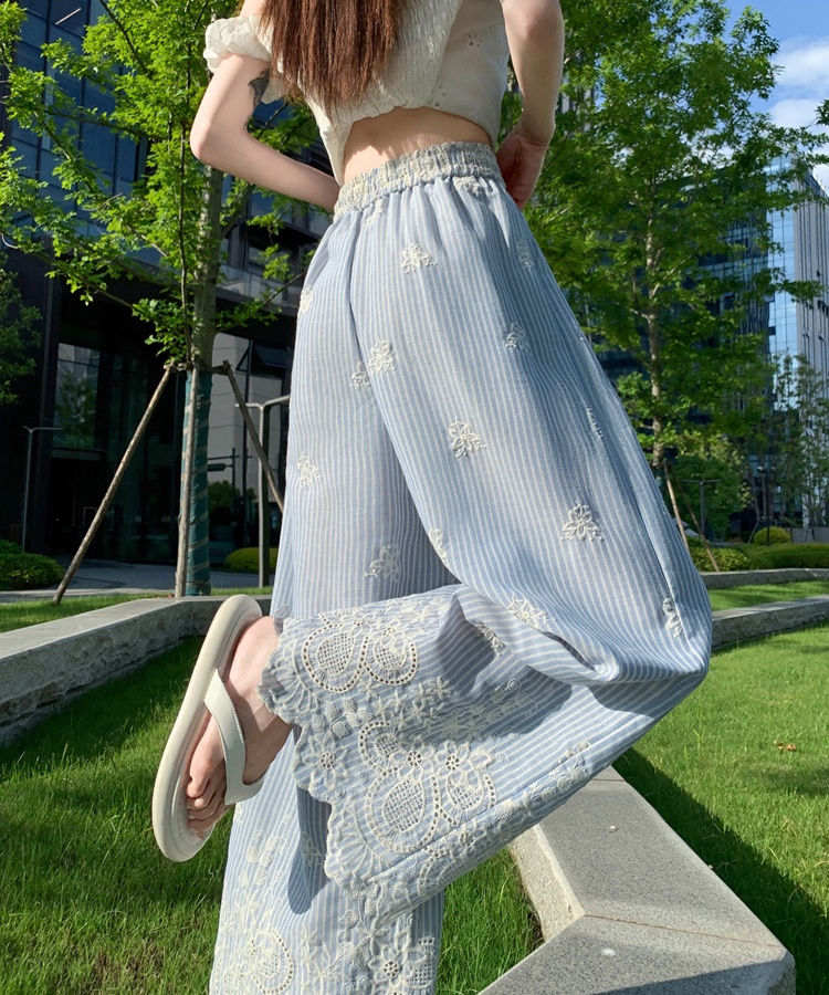 Stripe straight pants Casual embroidery wide leg pants for women