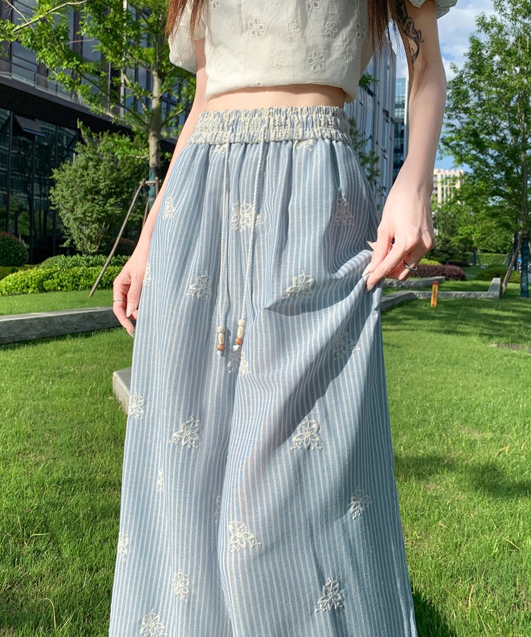Stripe straight pants Casual embroidery wide leg pants for women