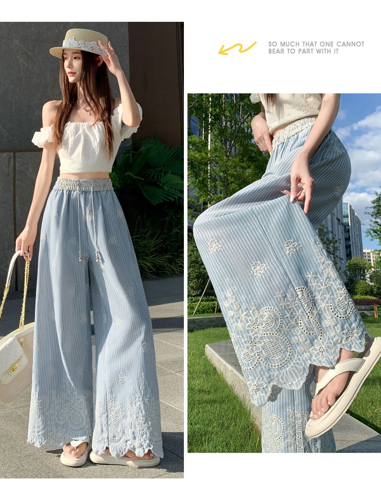 Stripe straight pants Casual embroidery wide leg pants for women