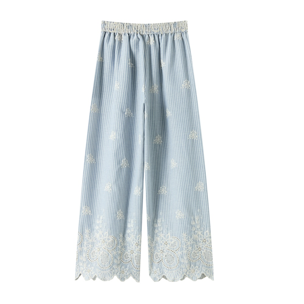 Stripe straight pants Casual embroidery wide leg pants for women