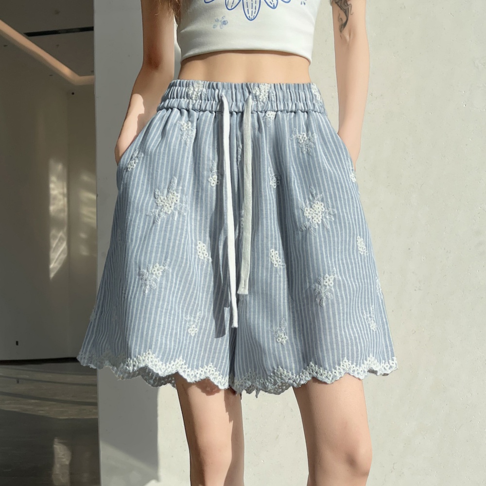 Stripe slim shorts summer high waist wide leg pants