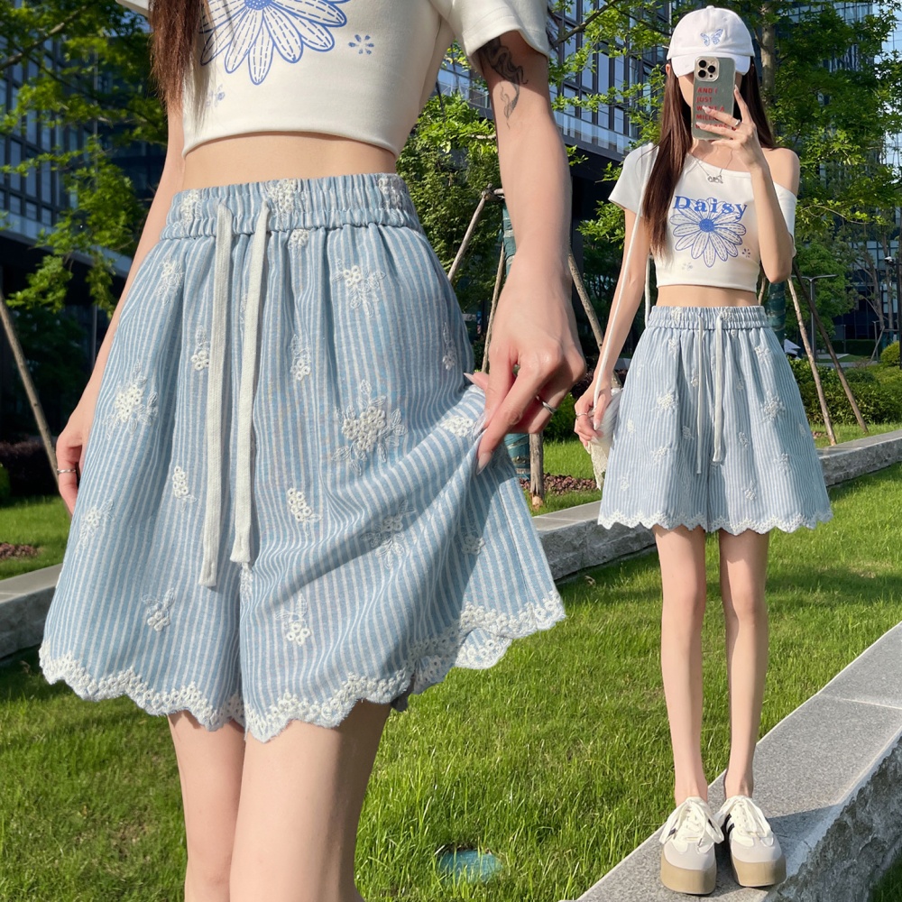 Stripe slim shorts summer high waist wide leg pants