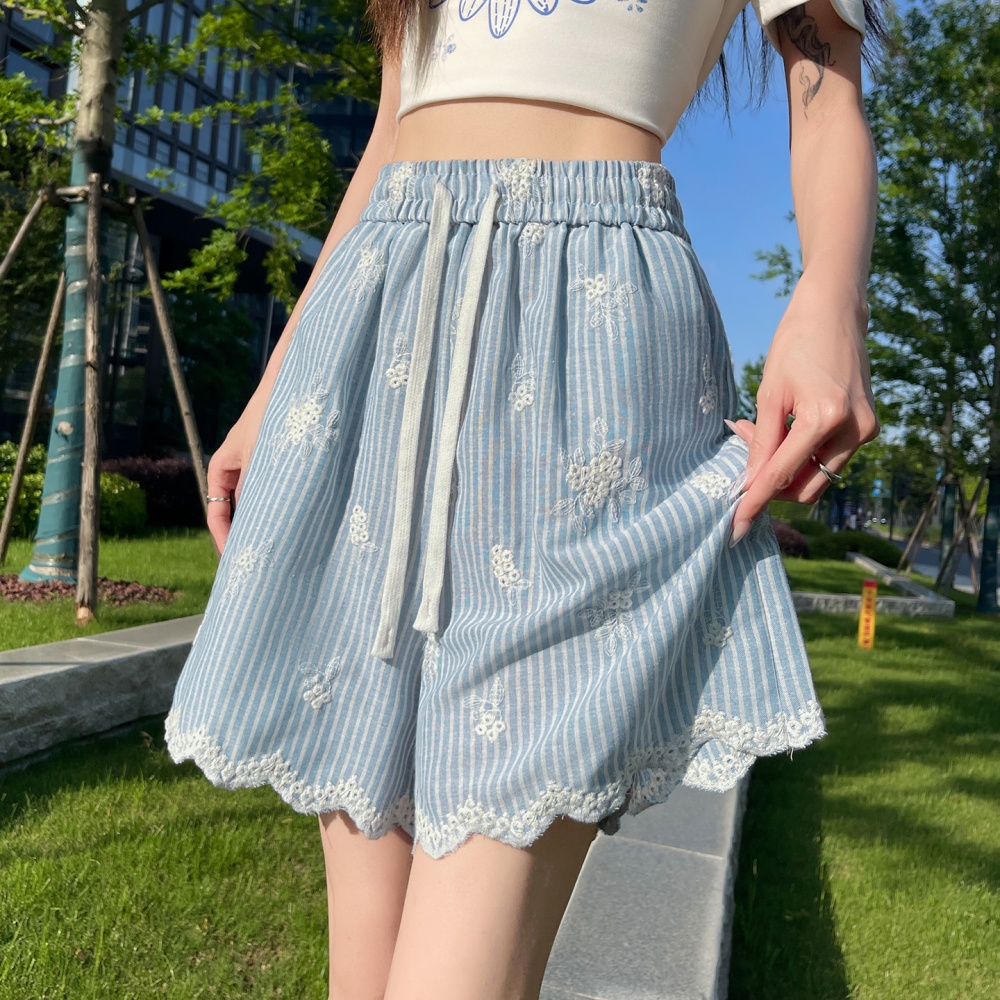 Stripe slim shorts summer high waist wide leg pants