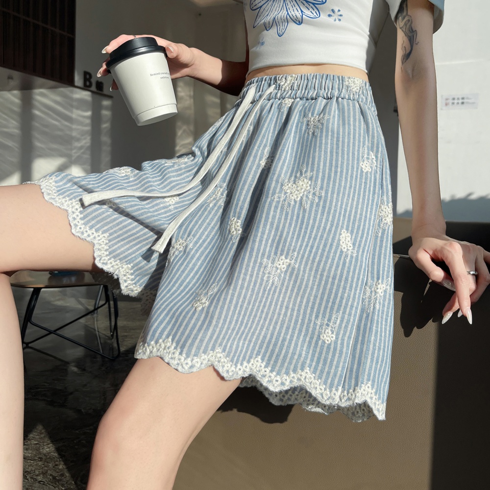 Stripe slim shorts summer high waist wide leg pants