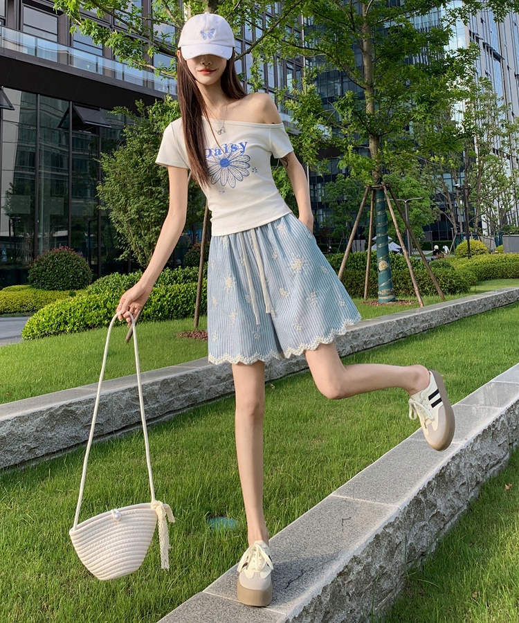 Stripe slim shorts summer high waist wide leg pants