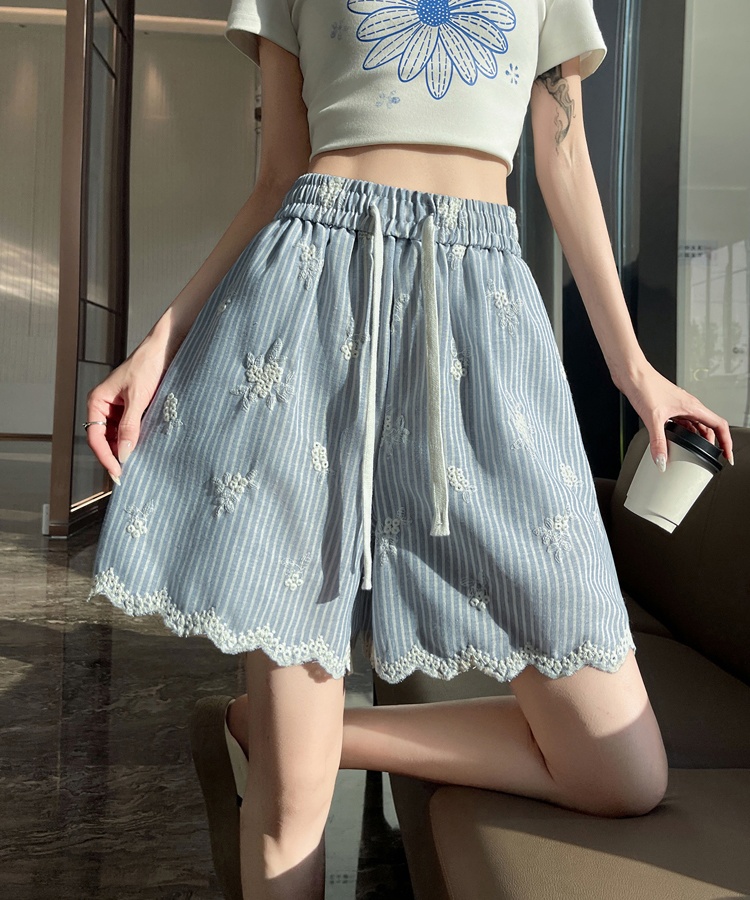 Stripe slim shorts summer high waist wide leg pants