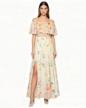 Flat shoulder chiffon split pinched waist vacation dress