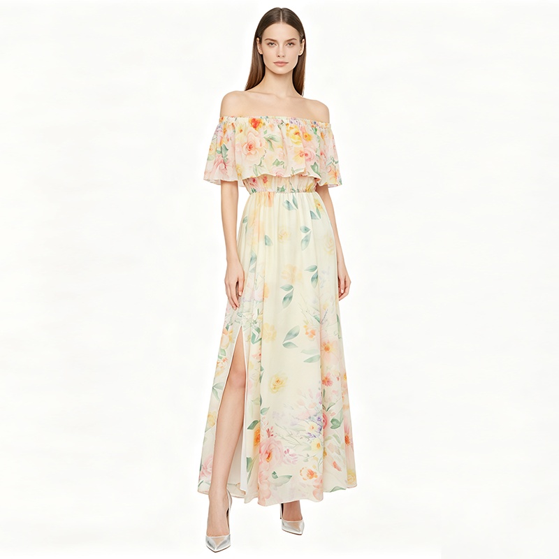 Flat shoulder chiffon split pinched waist vacation dress