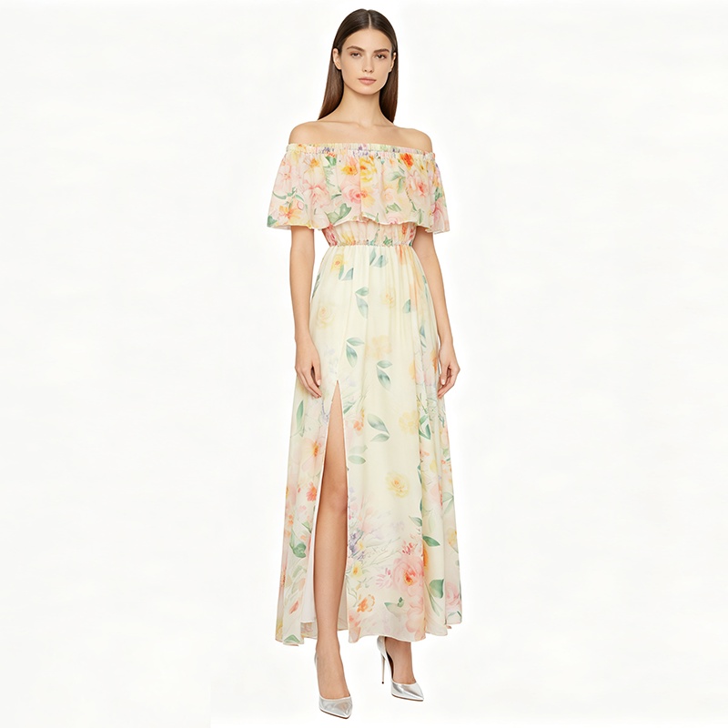 Flat shoulder chiffon split pinched waist vacation dress