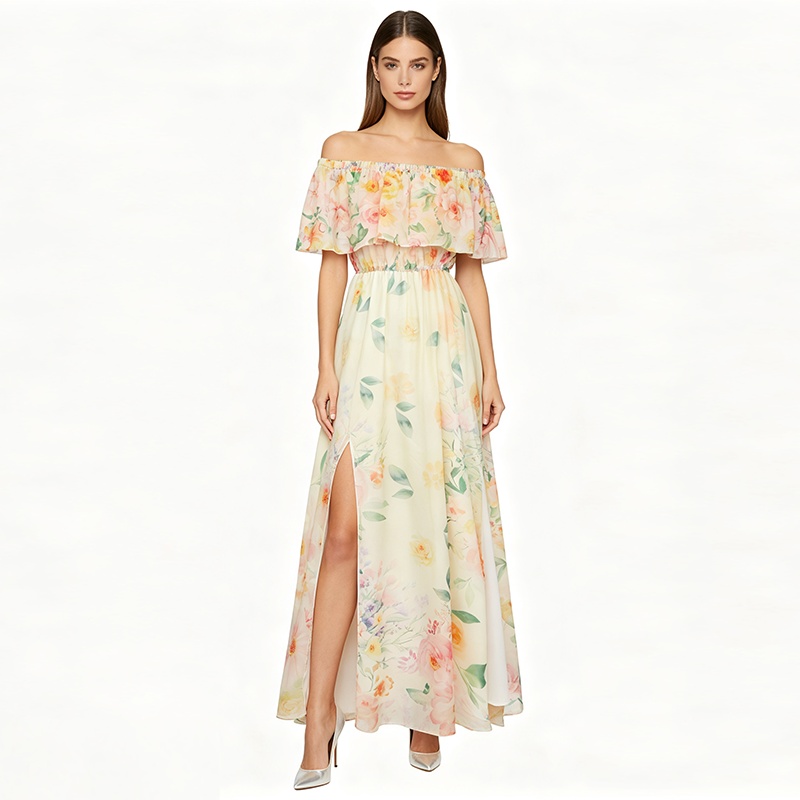 Flat shoulder chiffon split pinched waist vacation dress