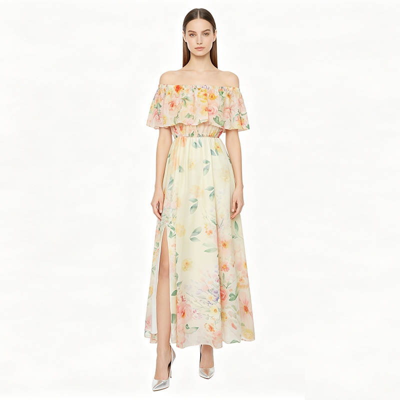 Flat shoulder chiffon split pinched waist vacation dress