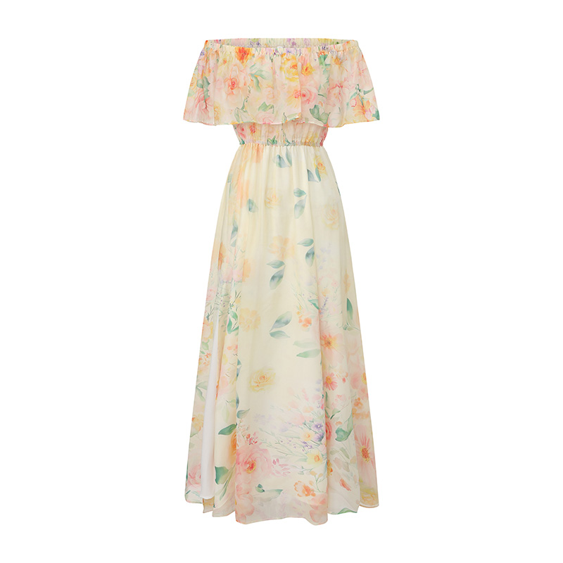 Flat shoulder chiffon split pinched waist vacation dress