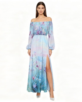 Spring long flat shoulder flowers retro dress