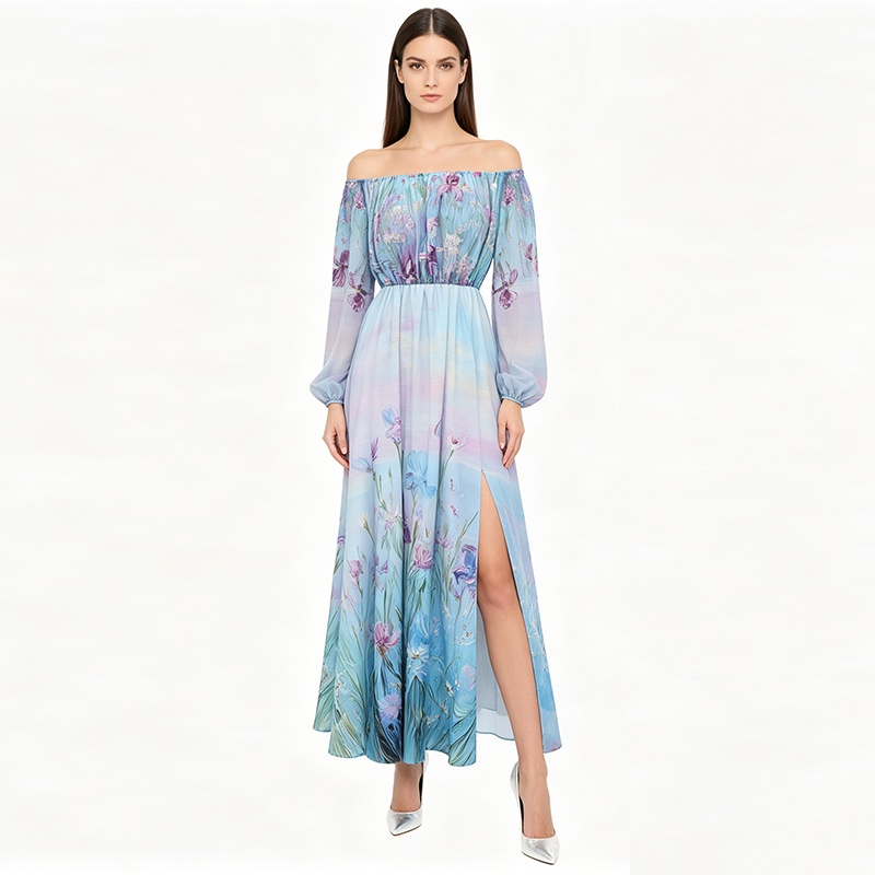 Spring long flat shoulder flowers retro dress