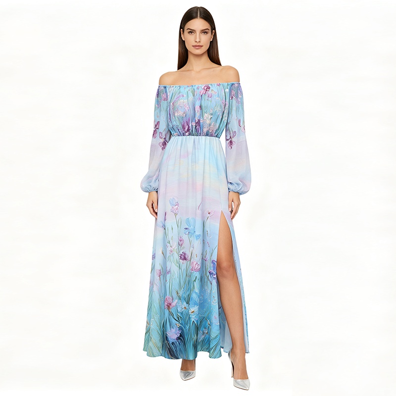 Spring long flat shoulder flowers retro dress