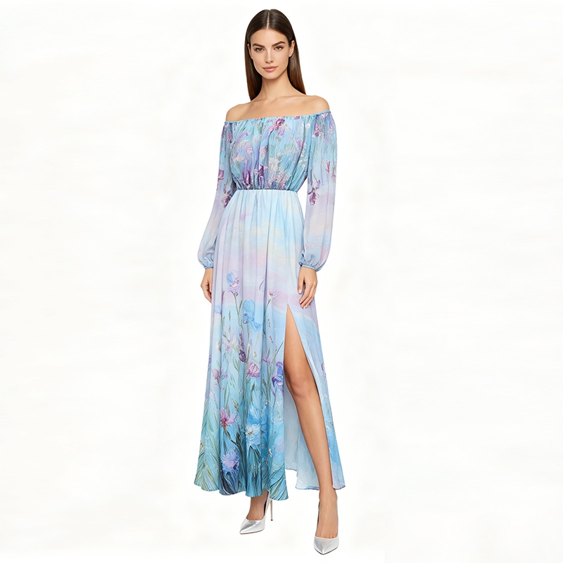 Spring long flat shoulder flowers retro dress