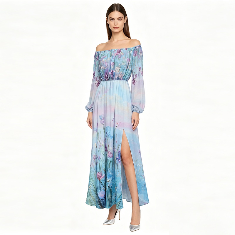 Spring long flat shoulder flowers retro dress