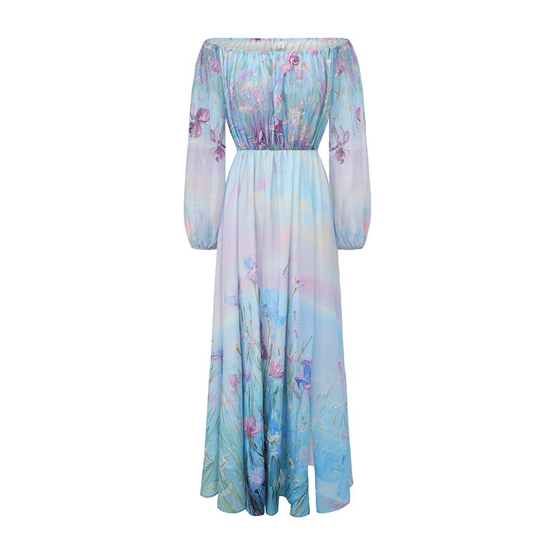 Spring long flat shoulder flowers retro dress