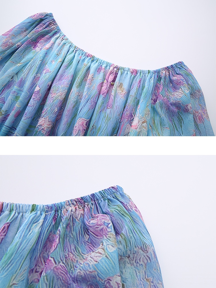 Spring long flat shoulder flowers retro dress