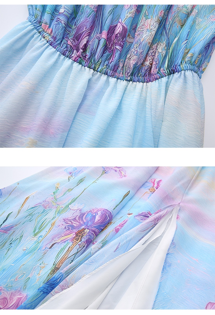 Spring long flat shoulder flowers retro dress
