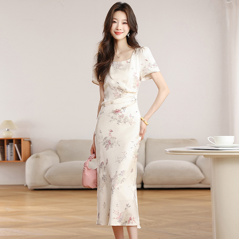 Ladies temperament satin Chinese style dress